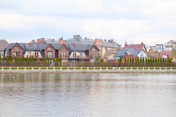 Scenic view of Kaliningrad. City landscape, the upper lake with beautiful houses.
