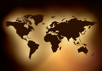 Fototapeta na wymiar dark background with brown map of the world and lights - vector template