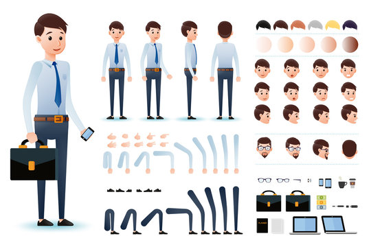 Male Clerk Character Creation Kit Template with Different Facial Expressions, Hair Colors, Body Parts and Accessories. Vector Illustration.
