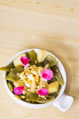 Ceramic casserole with cooked green beans