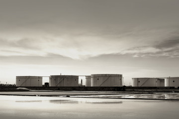 Black and white crude oil tank in the refinery