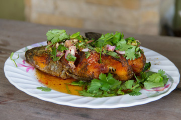 Thailand style striped snakehead fish fried foods