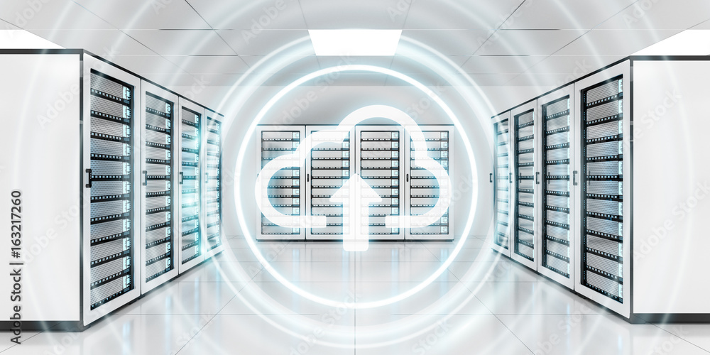 Poster Server room data center with cloud blue icon 3D rendering