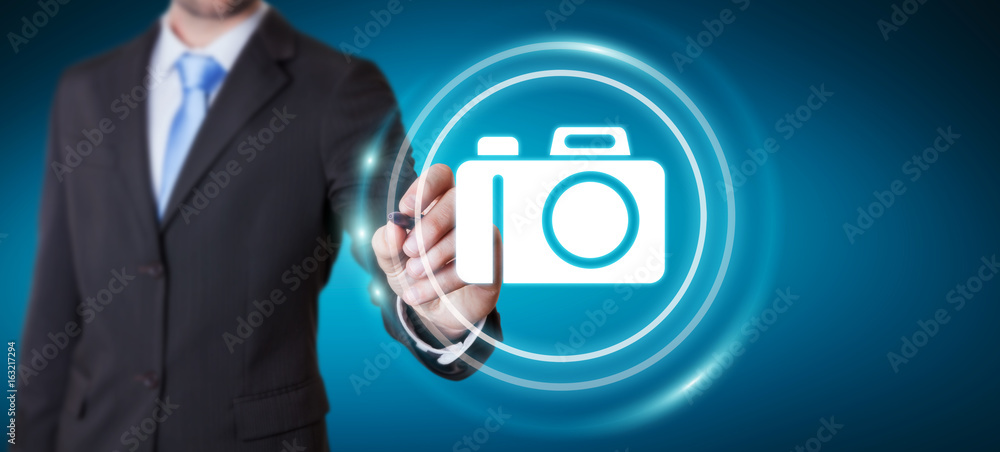 Sticker Businessman using modern camera application 3D rendering