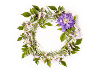 Frame wreath with white and pink flowers, branches, leaves and petals and big purple flower of Clematis. Flat lay, overhead view.