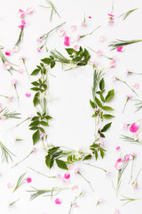 Flowers composition. Frame made of pink carnation flowers, rose petals, needle-shaped and big astilba green leaves on white background. Flat lay, top view.