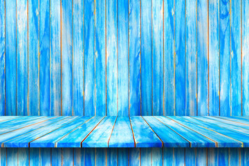 blue wooden plank shelves and blue wooden background. For product display.
