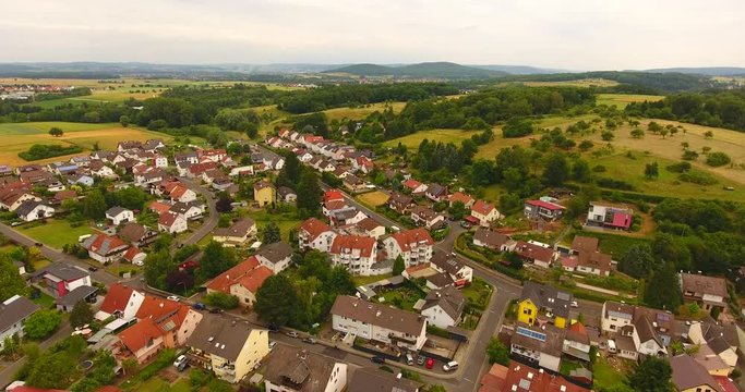 Aerial view landscape with a historic village in Freigericht, Germany