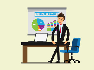 Manager or businessman stand near table in a office workplace.Business concept cartoon illustration