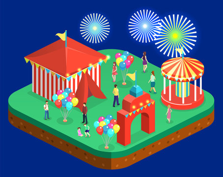 Isometric flat 3D isolated city banners with carousels. amusement park