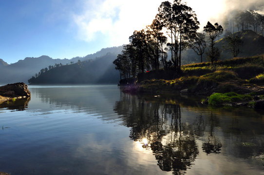 Segara Anak lake located inside the crater of Mount Rinjani, Indonesia during eraly morning.