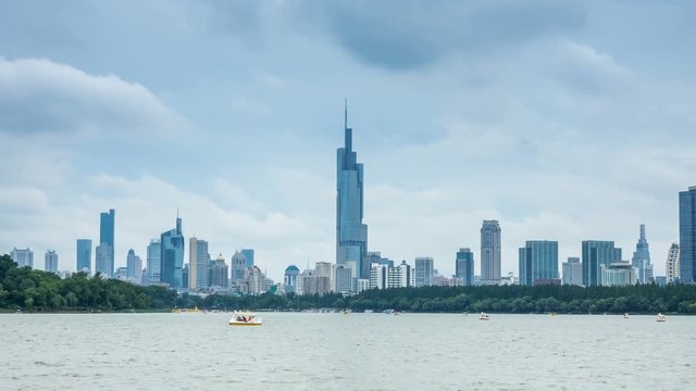 Time lapse of  skyline in nanjing city with xuanwu lake,china ,cloudy day