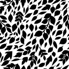 Bleck and white leaves and branches seamless pattern, vector