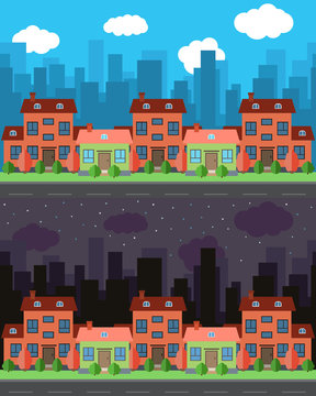 Vector city with five one and two-story cartoon houses in the day and night. Summer urban landscape. Street view with cityscape on a background
