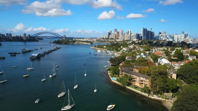 4k aerial video of Sydney Harbour, with view of Harbour Bridge and skyline of CBD