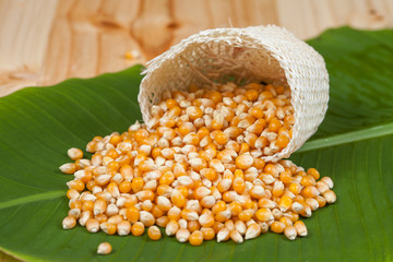 Organic corn drop out of sackcloth on banana leaves