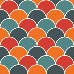 Bright fish scale wallpaper. Asian traditional ornament with repeated scallops. Seamless pattern with vivid semicircles.
