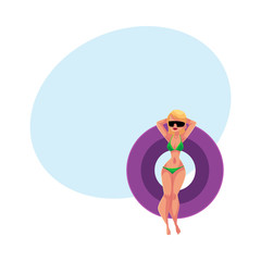 Young pretty girl, woman in bikini and sunglasses floating on inflatable ring, top view cartoon vector illustration with space for text. Happy woman, girl swimming on inflatable ring