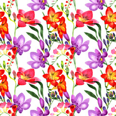 Obraz premium Wildflower fresia flower pattern in a watercolor style. Full name of the plant: fresia. Aquarelle wild flower for background, texture, wrapper pattern, frame or border.