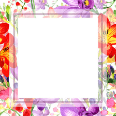 Wildflower fresia flower frame in a watercolor style. Full name of the plant: fresia. Aquarelle wild flower for background, texture, wrapper pattern, frame or border.