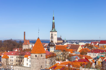 Obraz premium Tallinn, Estonia old city view from Toompea Hill at midday summer. Old town panoramic view with blue sky and retro vintage building in Europe.