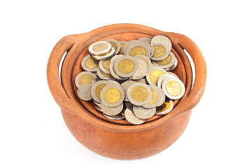 deposit money coin in clay pot