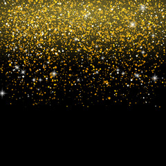 Golden glitter particles background on black background.