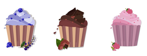 Cupcakes desserts Vector design. Delicious cupcakes set. Sweet berry, chocolate, lavender flavors Vector illustration