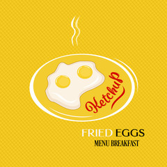 Fried eggs breakfast design on a plate with tomato sauce ketchup over creative background, isolated  illustration vector