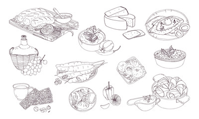 Georgian cuisine. Different dishes. Hand drawn black and white vector illustration.