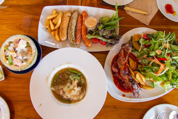 top view of food on wooden table