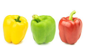 Red yellow green bell peppers vegetable isolated on a white background.