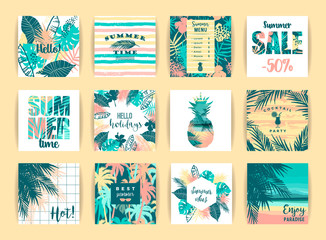 Set of summer tropical designs. Vector templates.