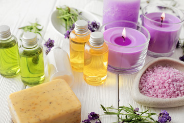 SPA still life. aromatherapy candle and cosmetics