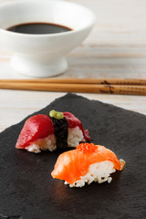 Salmon Nigiri with salmon roe.