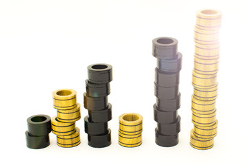 Chips from playing checkers or backgammon on each other in the form of a histogram