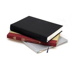 Stack of books on white background