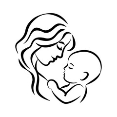 Mother with her baby. Stylized outline symbol. Motherhood, love, mother care. Silhouette, icon, logo, sign. Vector illustration.