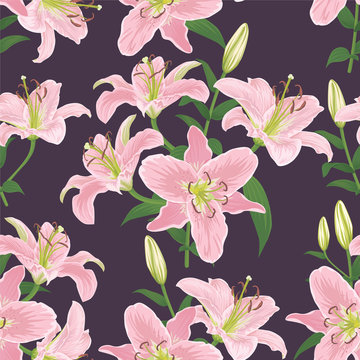 Seamless pattern of pink lilies flower with purple background. Vector set of blooming floral for your design. Adornment for wedding invitations and greeting card.