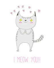 Hand drawn vector doodle of cute funny striped cat in love with pink hearts and text I meow you