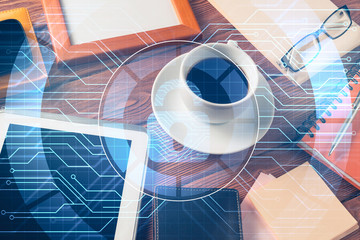 Business workplace with tablet pc and security concept on screen