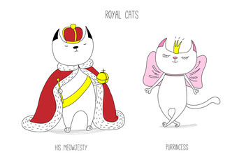 Hand drawn vector doodles of cute funny royal cats - king and princess in crowns, with text