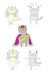 Hand drawn vector doodles of cute funny cats - a cat in love with princess, with hearts, a king in a crown, dancing ballet