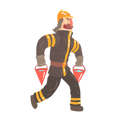 Firefighter in safety helmet and protective suit running with red buckets full of water cartoon character vector Illustration