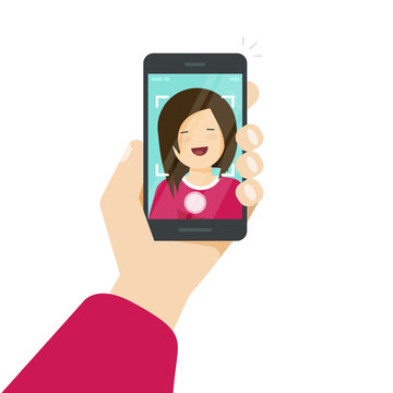 Selfie via smartphone, photo of yourself vector illustration, flat cartoon young happy girl with mobile phone in hand making self photo clipart isolated on white background