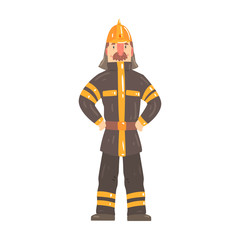 Firefighter character in safety helmet and protective suit standing cartoon vector Illustration