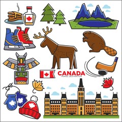 Canada touristic map with sightseeings colorful graphic poster