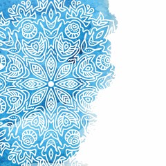 Blue watercolor paint background with white hand drawn round doodles and mandalas. design of backdrop