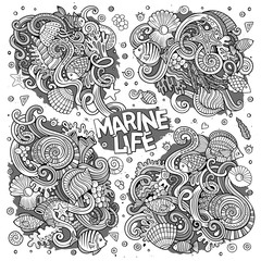 Line art set of marine life doodle designs