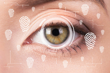 Biometric security retina scanner. Young woman eye fingerprint imprint virtual reality